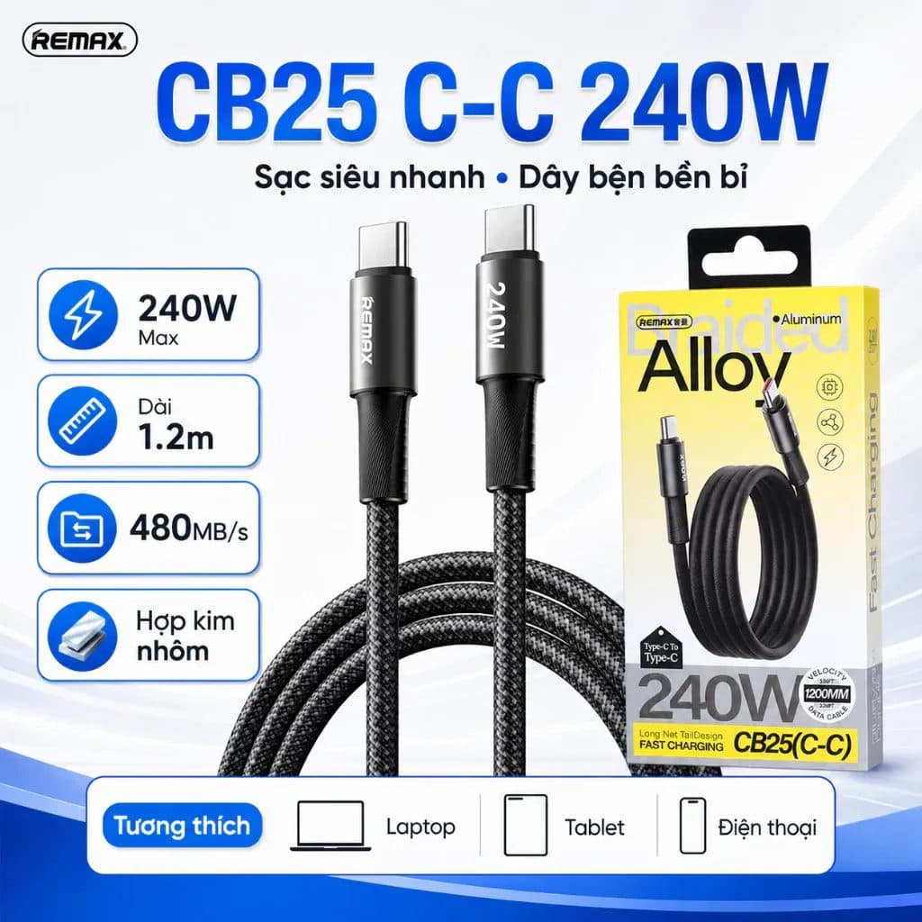Cáp bọc dù 30w REMAX CB25 C-C sạc nhanh và truyền dữ liệu 1.2M