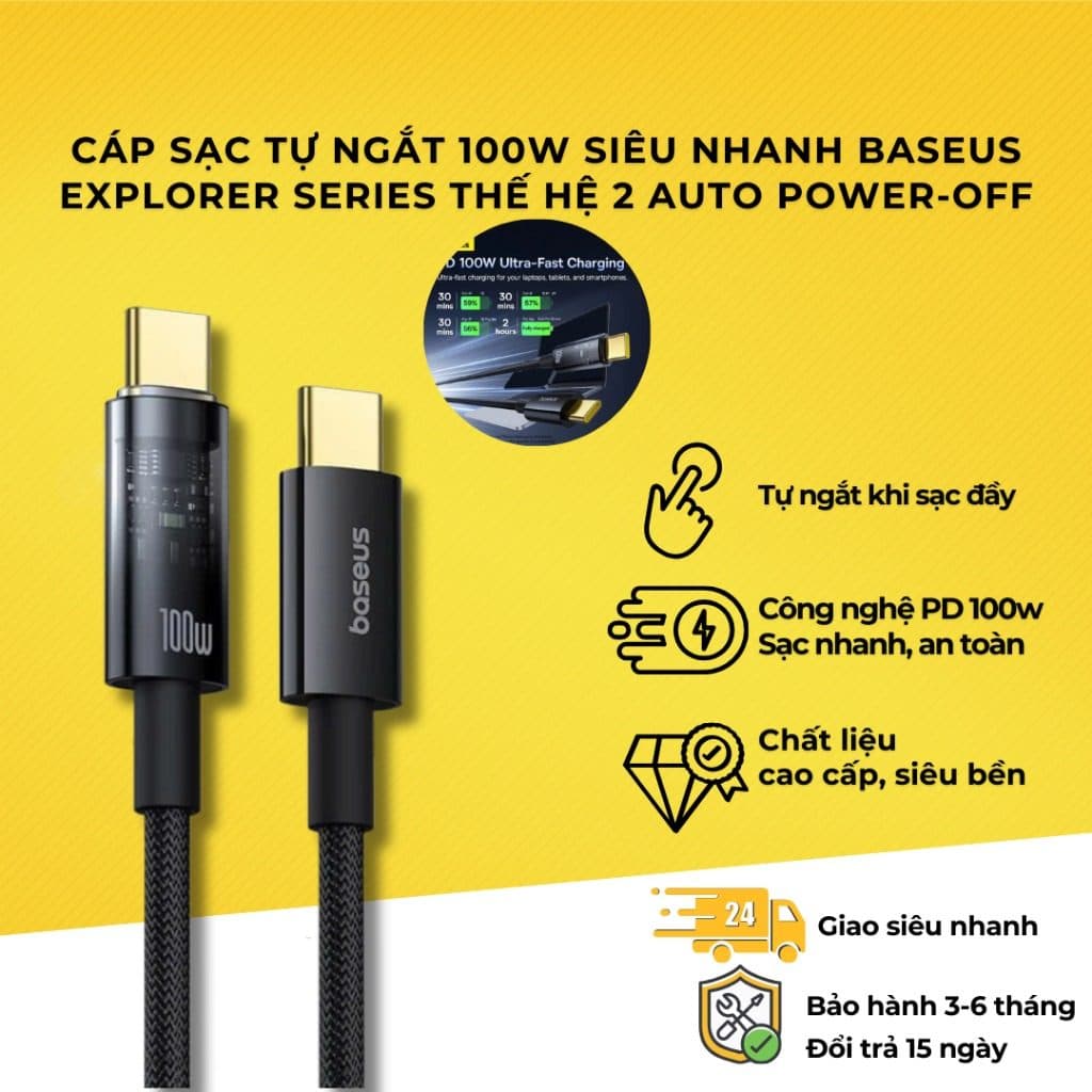Cáp Sạc Tự Ngắt 100W C TO C Siêu Nhanh Baseus Explorer Series Thế hệ 2 Auto Power-Off