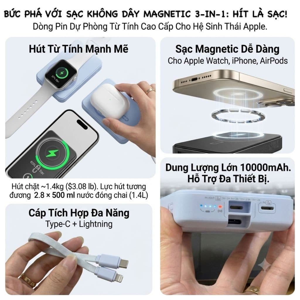 Sạc Dự Phòng MagSafe ROMOSS 10.000mAh 30W - Sạc đồng hồ + airpod, kèm dây C-L (NoBox - Màu Xanh)
